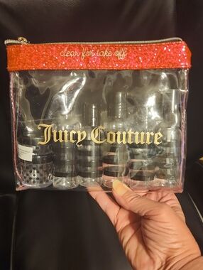 Juicy Couture Clear Cosmetic Pouch with Pink Glitter Top and Gold Logo